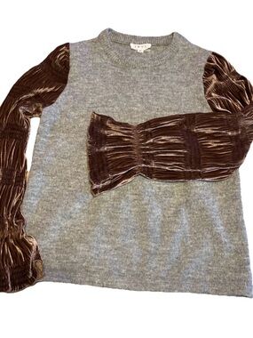 THML Boho Gray Mixed-Media
Knit Sweater Top /Brown Velvet Statement Sleeves XL